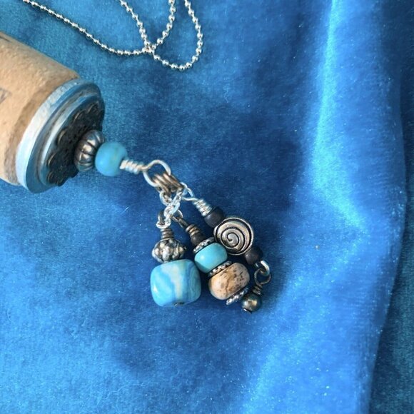 Recycled pendant necklace - wine cork and beads - 30” ball chain - turquoise - Picture 3 of 4